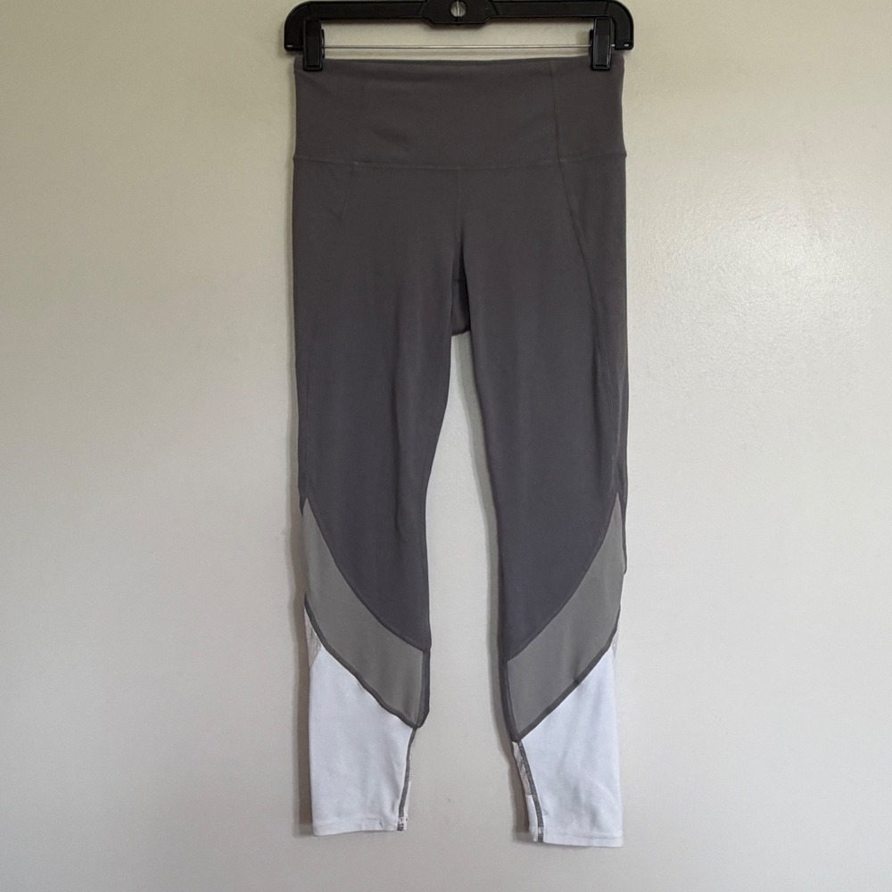 Athleta Grey White Colorblock Mesh Panel High Rise Leggings Womens Small